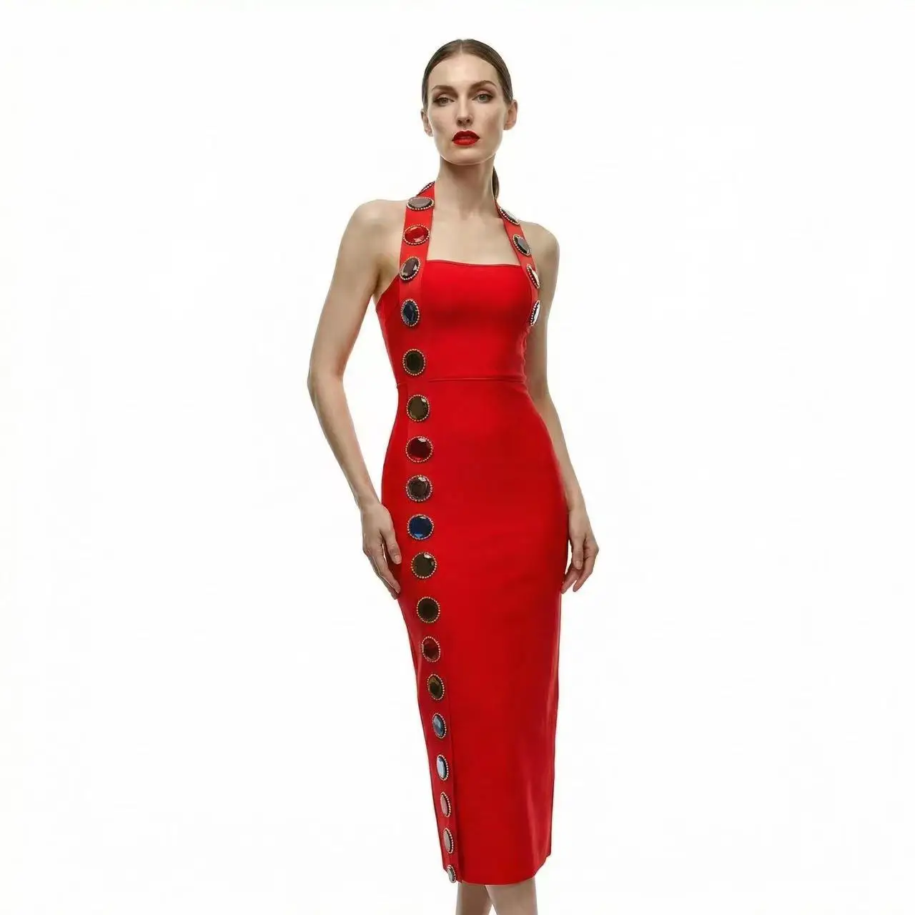 

Women's Sexy Backless Spaghetti Strap Bandage Dress Rhinestone High Slit Maxi Dress Elegant Evening Party Gown