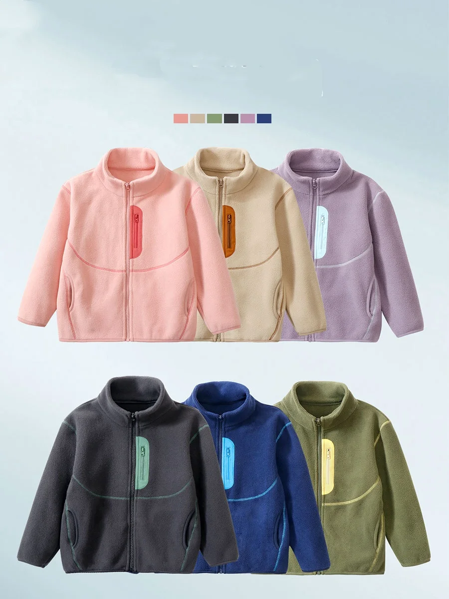 Winter Warm Fleece Coat for Boys Girls High Tech Far-Infrared Antibacterial Solid Color Zip Jacket with Pockets Kids School Wear