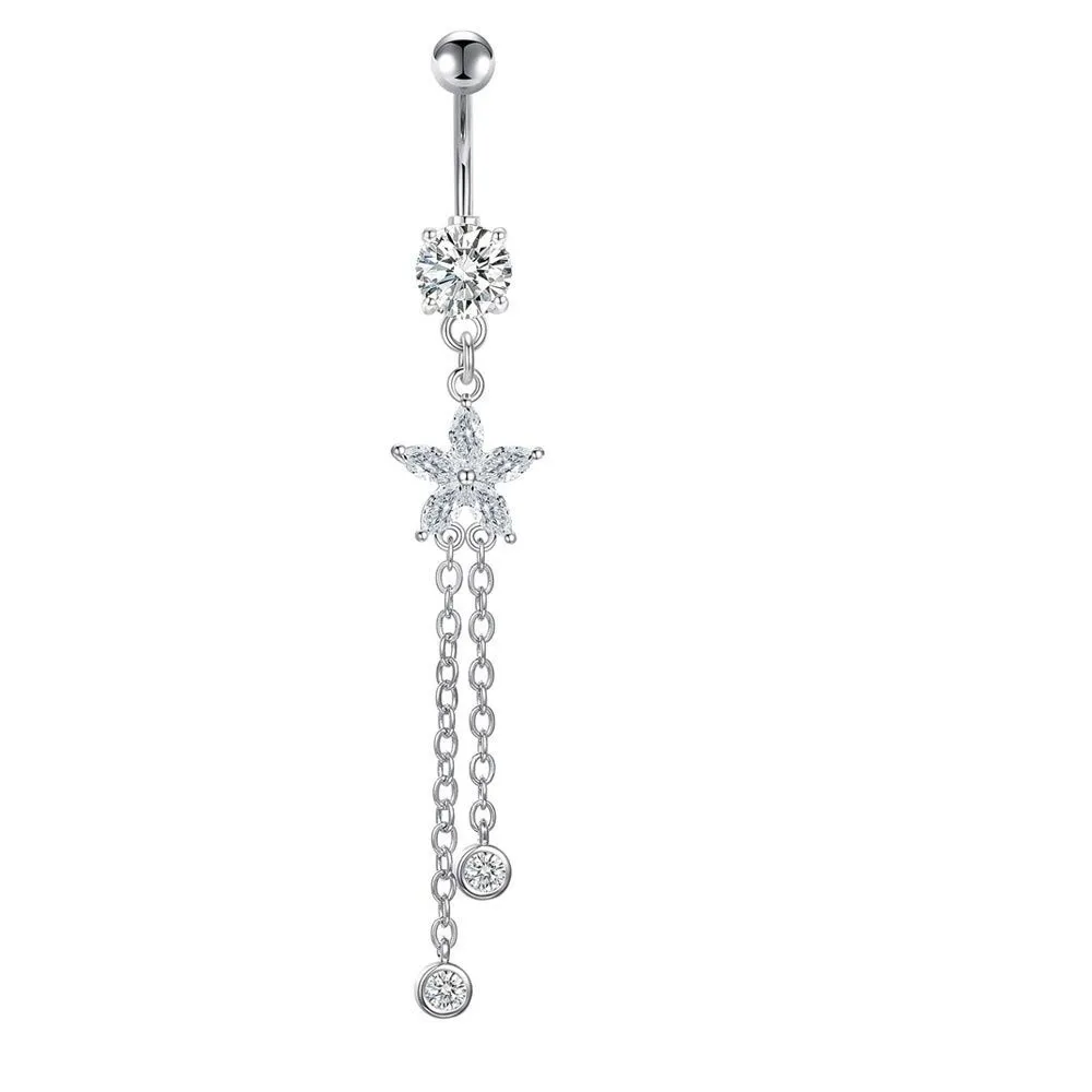 Shiny Flower Zircon Navel Ring Stainless Steel Colorful Belly Button Ring Hip Hop Rhinestone Body Piercing Jewelry Girl