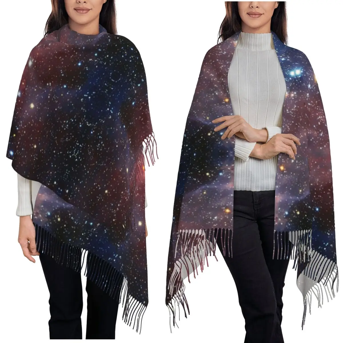 

Черные деревья, синий космос, галактика, туманность, ночное небо, шарф, шарфы с кисточками для женщин, теплые шали и накидки, длинная осенне-зимняя шаль