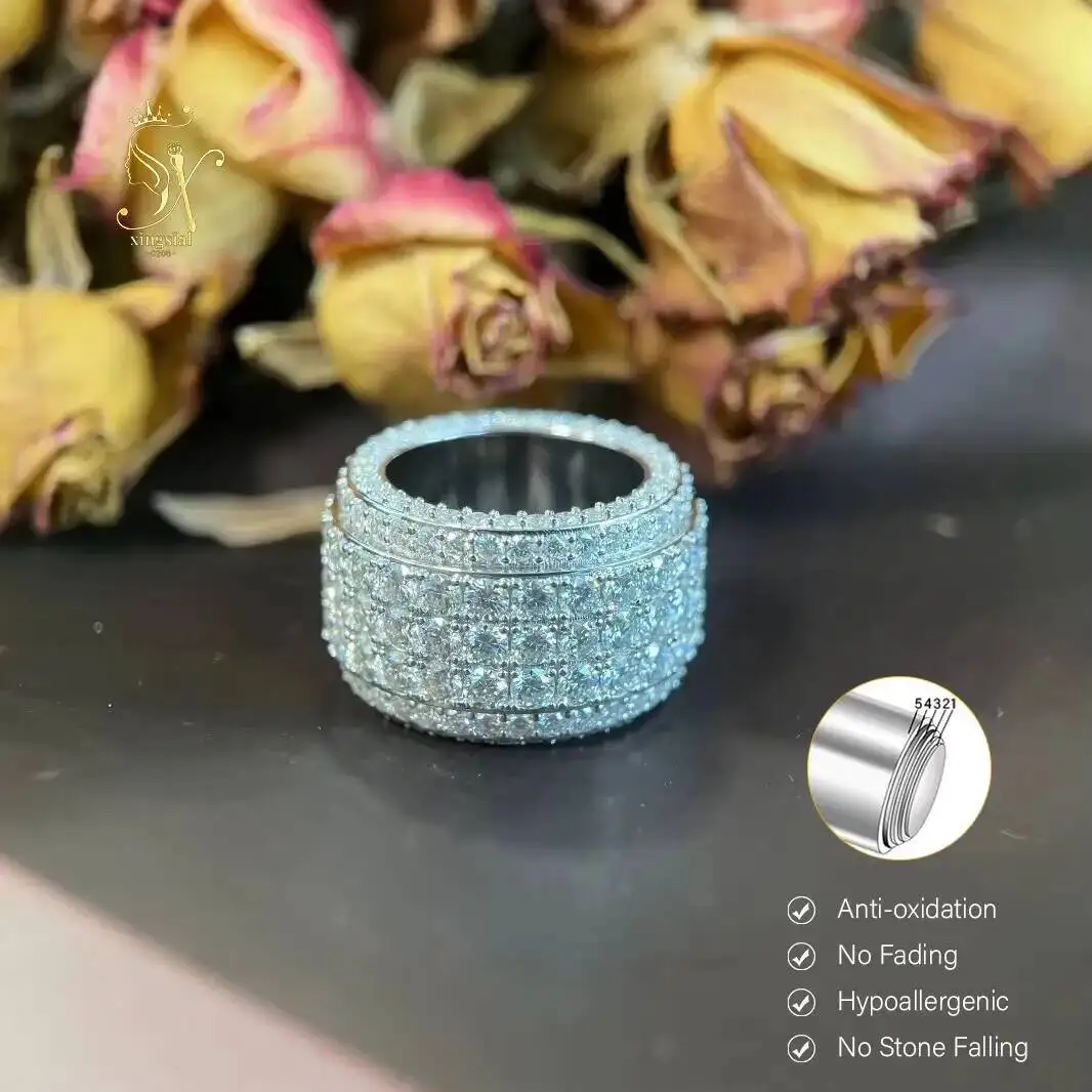 Xingsial Custom 925 Sterling Silver Moissanite Ring D Color VVS Moissanite Diamond Ring Hip-Hop Full Diamond Cuban Ring