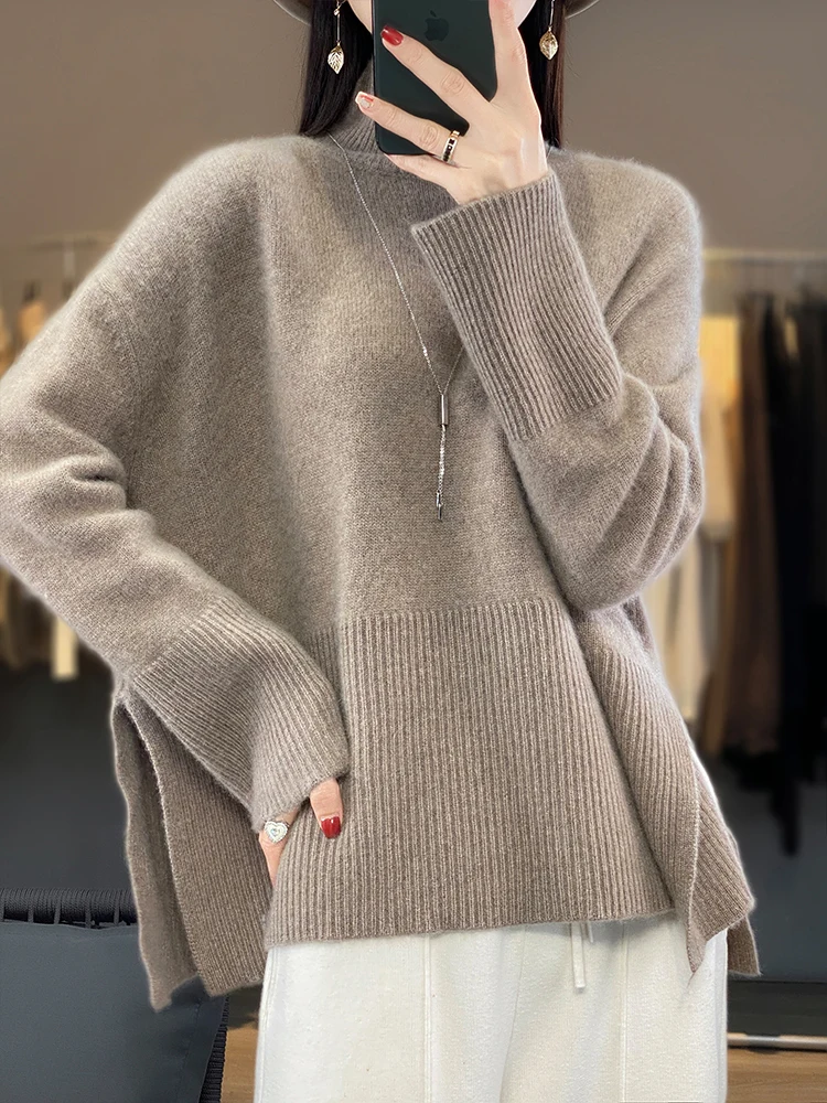 

New Fashion 100% Merino Wool Sweater Women Turtleneck Solid Casual Pullover Knitwear High Slit Loose Cashmere Autumn Winter