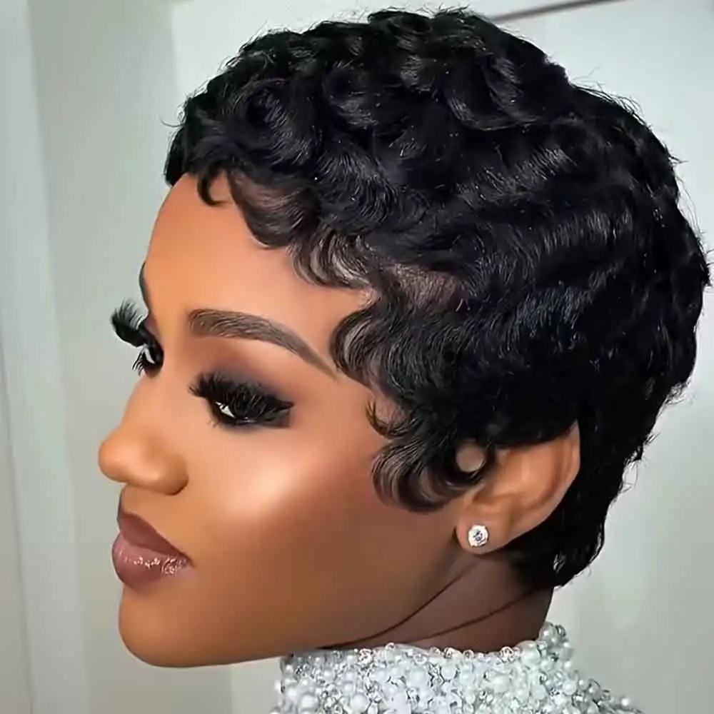 Black Chioma Curly Pixie Cut Wig Remy Human Hair 150% Density Machine Made High-Fashion Short Hairdo in Boxer Style