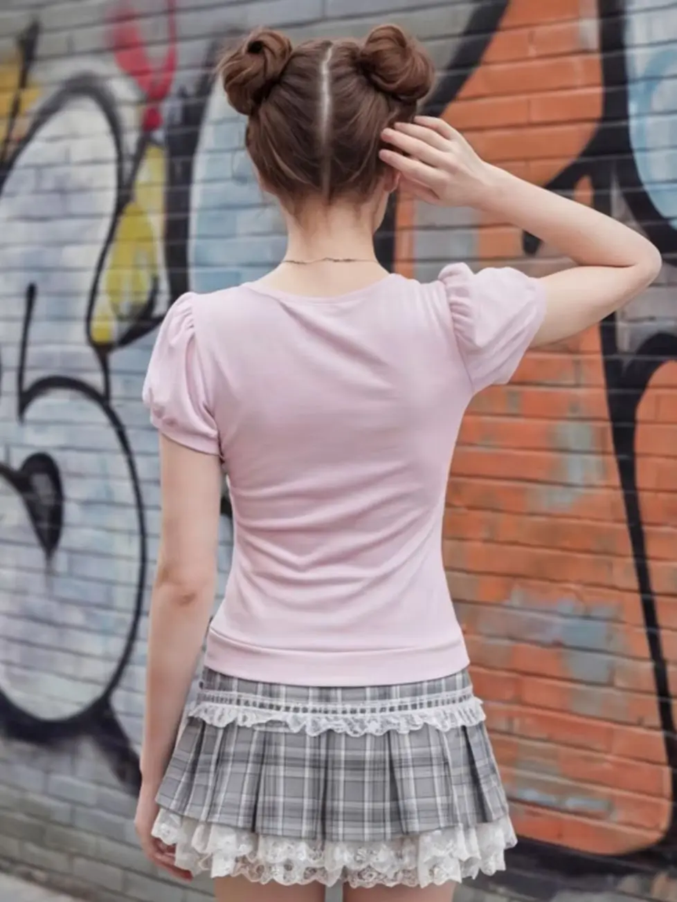 Women's pink lace patchwork top with large bow and puff sleeves, gray plaid high-waisted pleated skirt two-piece set, Lolita style, Japanese sweet girly style, soft girl style, JK style, Harajuku style, princess style, retro cute, age-reducing, slimming, fitted outfit for spring and summer, daily wear, dating, shopping, photo shoots, parties, anime conventions, campus style, two-dimensional girl, school uniform style, fashionable outfit with bow decoration, lace trim, plaid pleated skirt, sweet and cool girl view 2