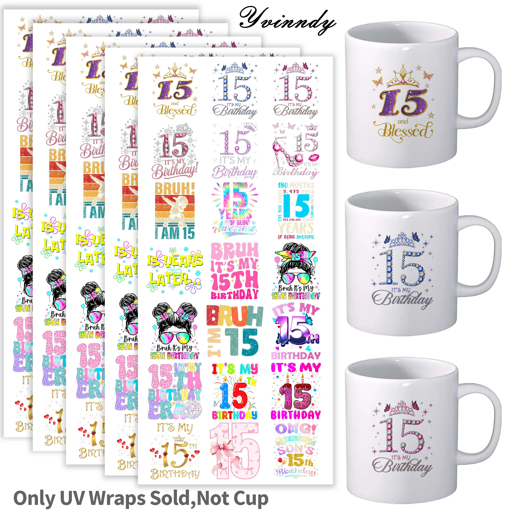 105Pcs/Set 15 Years Old Birthday UV DTF Transfer Sticker DIY Craft Kits with Crystal Label 16oz Glass Jars Wrap Stickers