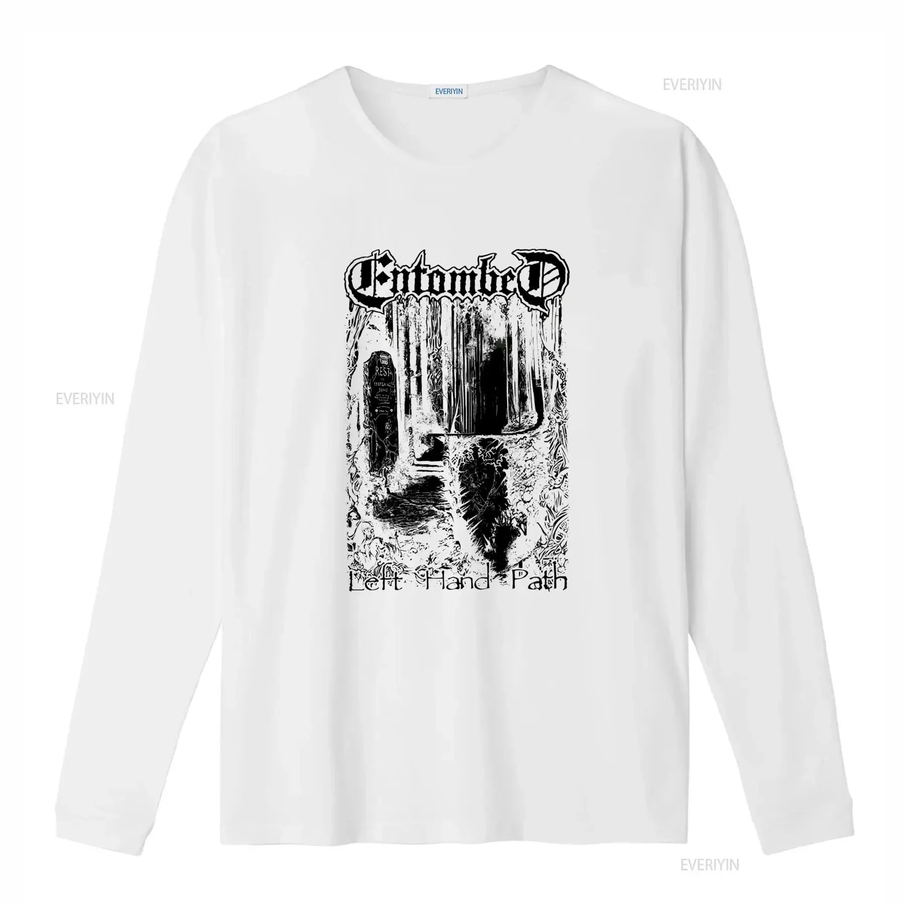 Entombed Left Hand Path White Death Metal Band T Shirt for Men Rock Music Fans vintage Washed fashion Stretched Casual