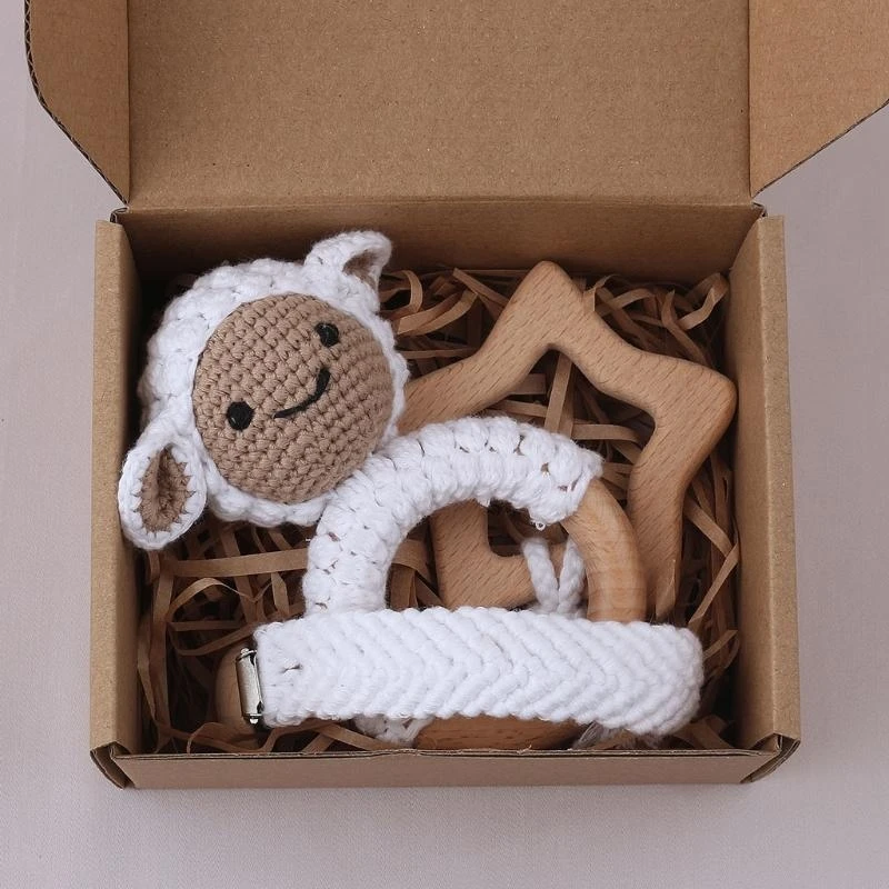 

J15U 1 Set Baby Wooden Star Teether Pacifier Clip Chain DIY Crochet Lamb Rattle Toy
