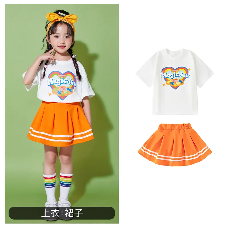 Kids Hip Hop Orange White Shirt Shorts Skirt Jazz Dancing Costumes 4 Girls Boys Ballroom Dance Wear Stage Outfit Child Dancewear