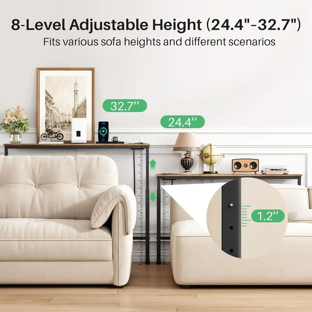 Adjustable Height Narrow Sofa Side Table, 79 L x 5.9 W, 2 Power Outlets, Rustic Brown Console