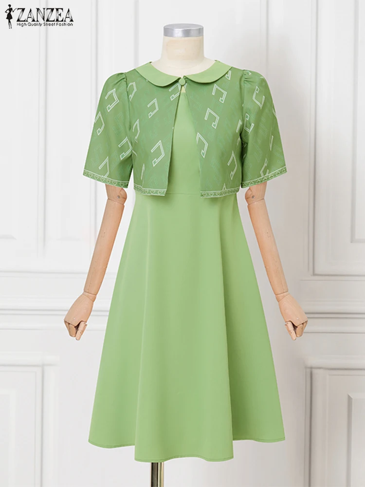 ZANZEA Elegancka Sukienka Letnia na Imprezę dla Kobiet Moda 2025 Długość do Kolan Dwuczęściowa Sukienka z Nadrukiem Codzienna Biurowa Sukienka Wakacyjna Vestidos