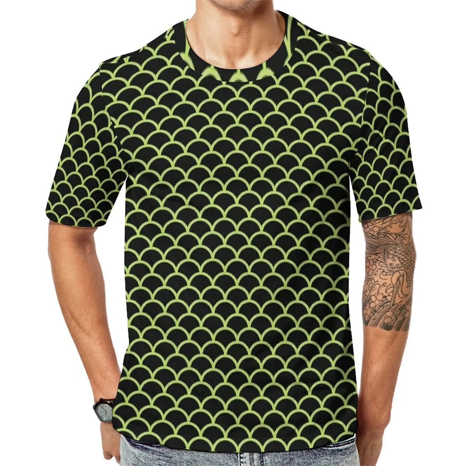 Lime Black Mermaid Scale T-Shirt Men Pattern O Neck T-Shirts Summer Novelty Tops Short Sleeve Street Style Big Size Tee Shirt