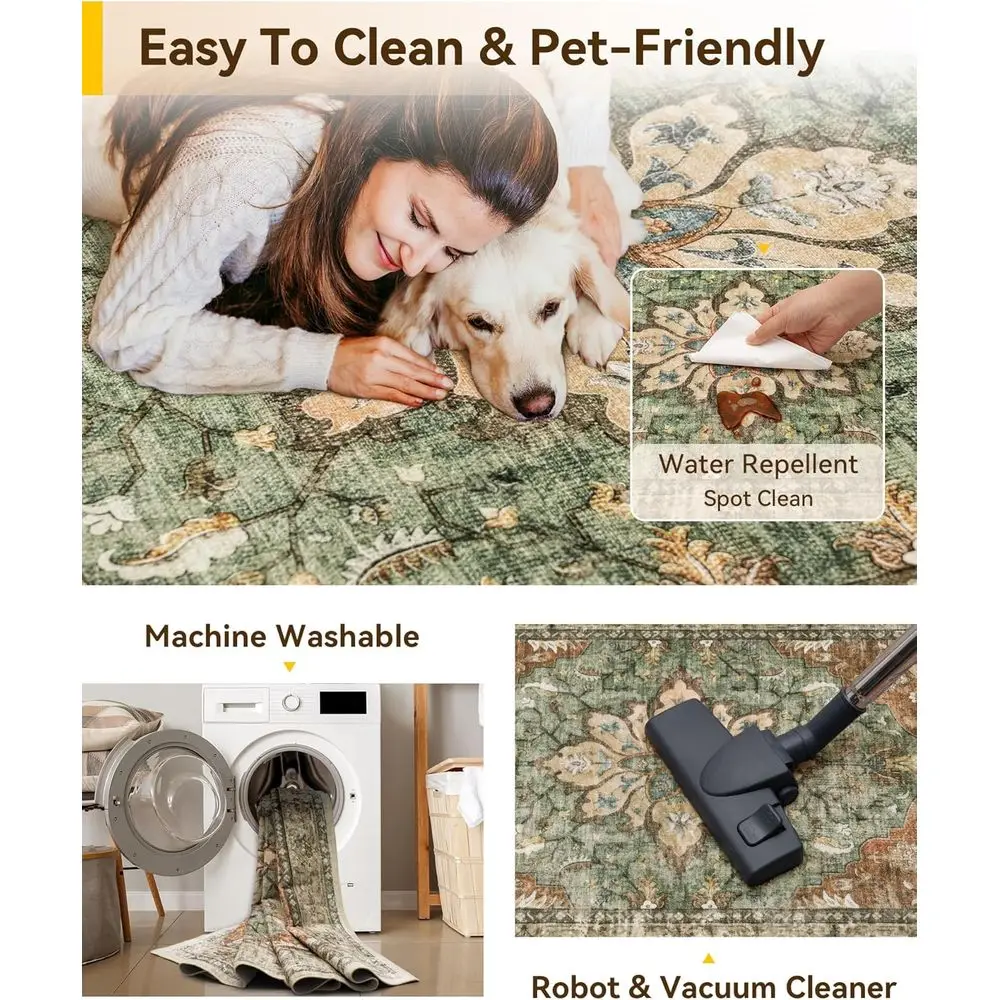 سجادة منطقة ميدالية زهرية عتيقة، 5 × 7 أقدام، قابلة للغسل، غير قابلة للانزلاق، نمط متعثر، مناسبة لغرفة المعيشة وغرفة النوم وتناول الطعام