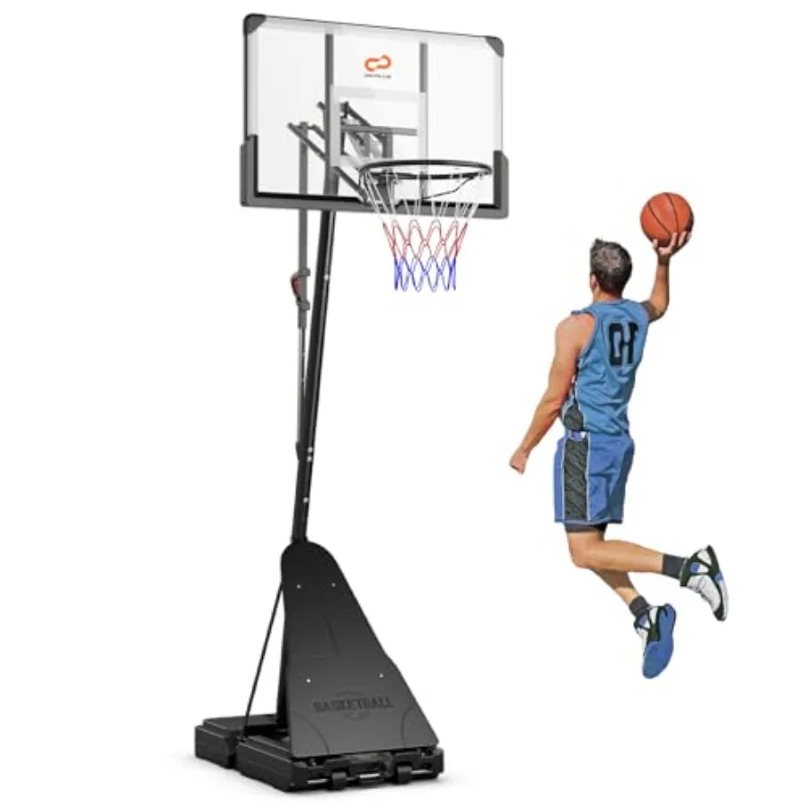 

Outdoor basketball hoop system with 44-inch PC backboard, black finish, quick height adjustment from 4.9 to 10 ft, rebound feat