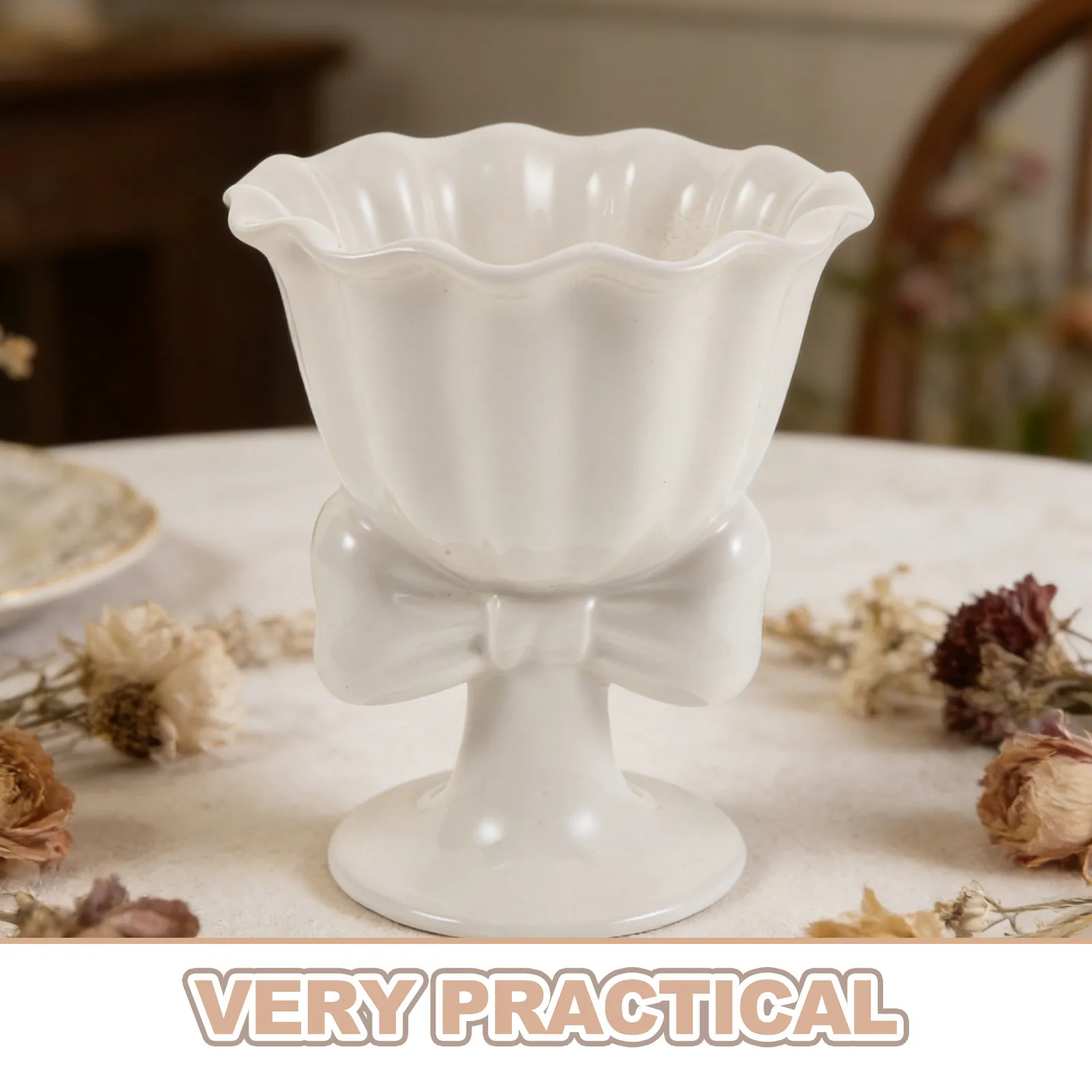 Ceramic Ice Cream Dessert Bowl Bowknot Design High Footed Pedestal Pudding Serving Cup Snack Bowl Yogurt Fruit Salad Mousse