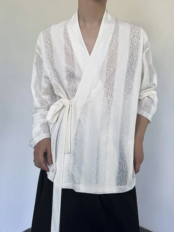

Spring Summer New Chinese Sle Men's Thin Long Sve Casual irt Tie Hollow Embroidery Breathable Polyester Fiber