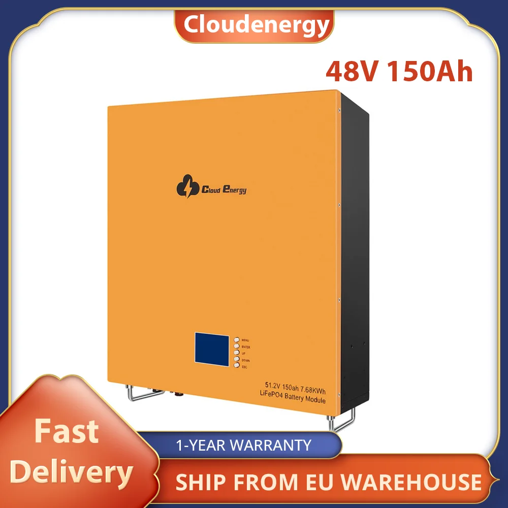 Cloudenergy 48V 150Ah Wall Mounted Lithium LiFePO4 Deep Cycle Battery Pack, 7680Wh Energy, 6000+ Life Cycles,Built-in 100A BMS