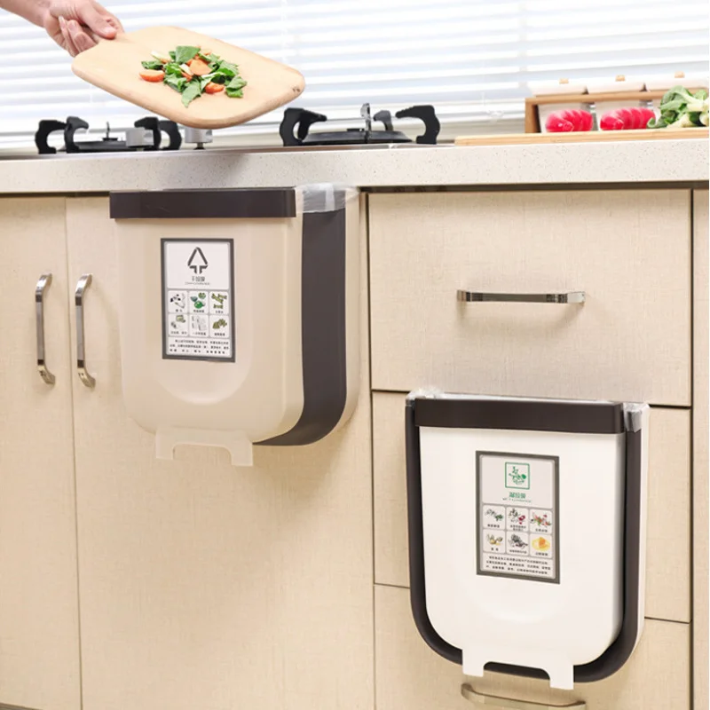 9L Folding Waste Bin Kitchen Cabinet Door Hanging Trash Can Wall Mounted Collapsible Garbage Can for Bathroom Toilet