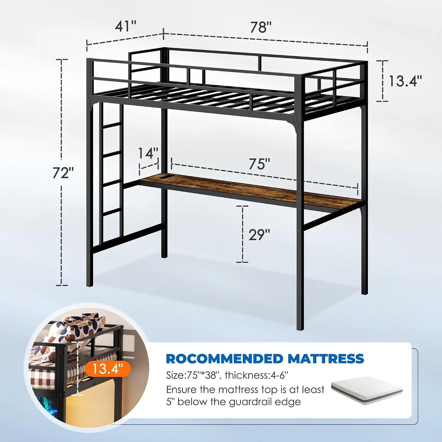 Metal Twin Loft Bed Desk LED Lights & Charging Station Guardrail Ladder No Box Spring Space-Saving Noise Free Black, Customized