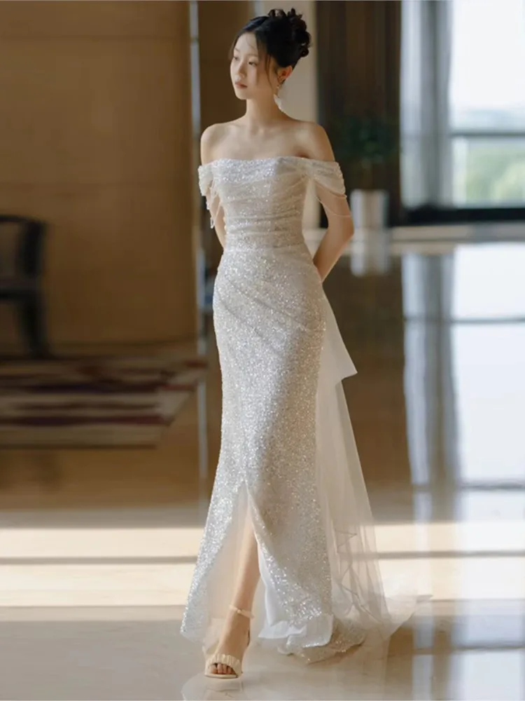 off-Shoulder Light Wedding Dress Fine Glitter Heavy Industry Fishtail Slim Fit Slimming Bride Engagement