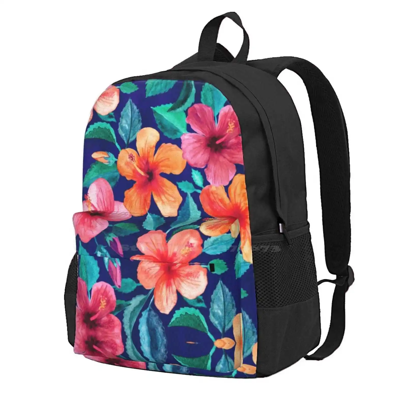 

Colorful Watercolor Hibiscus On Indigo Blue Hot Sale Schoolbag Backpack Fashion Bags Tropical Hibiscus Retro Vintage Floral