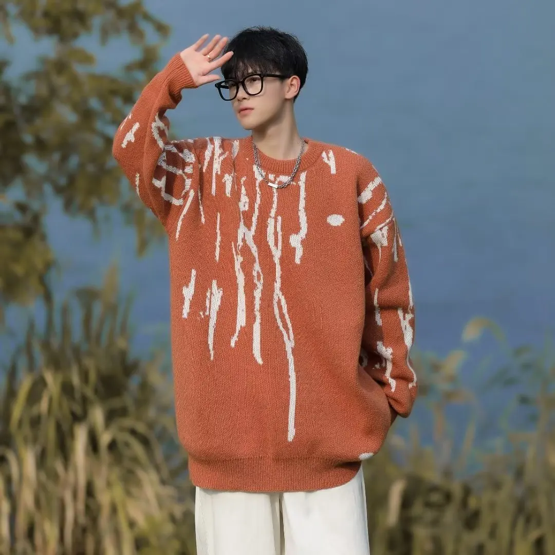 

Мужской вязаный свитер свободного кроя с круглым вырезом, осенне-зимний, модный, винтажный, в стиле колор-блок, молодежный