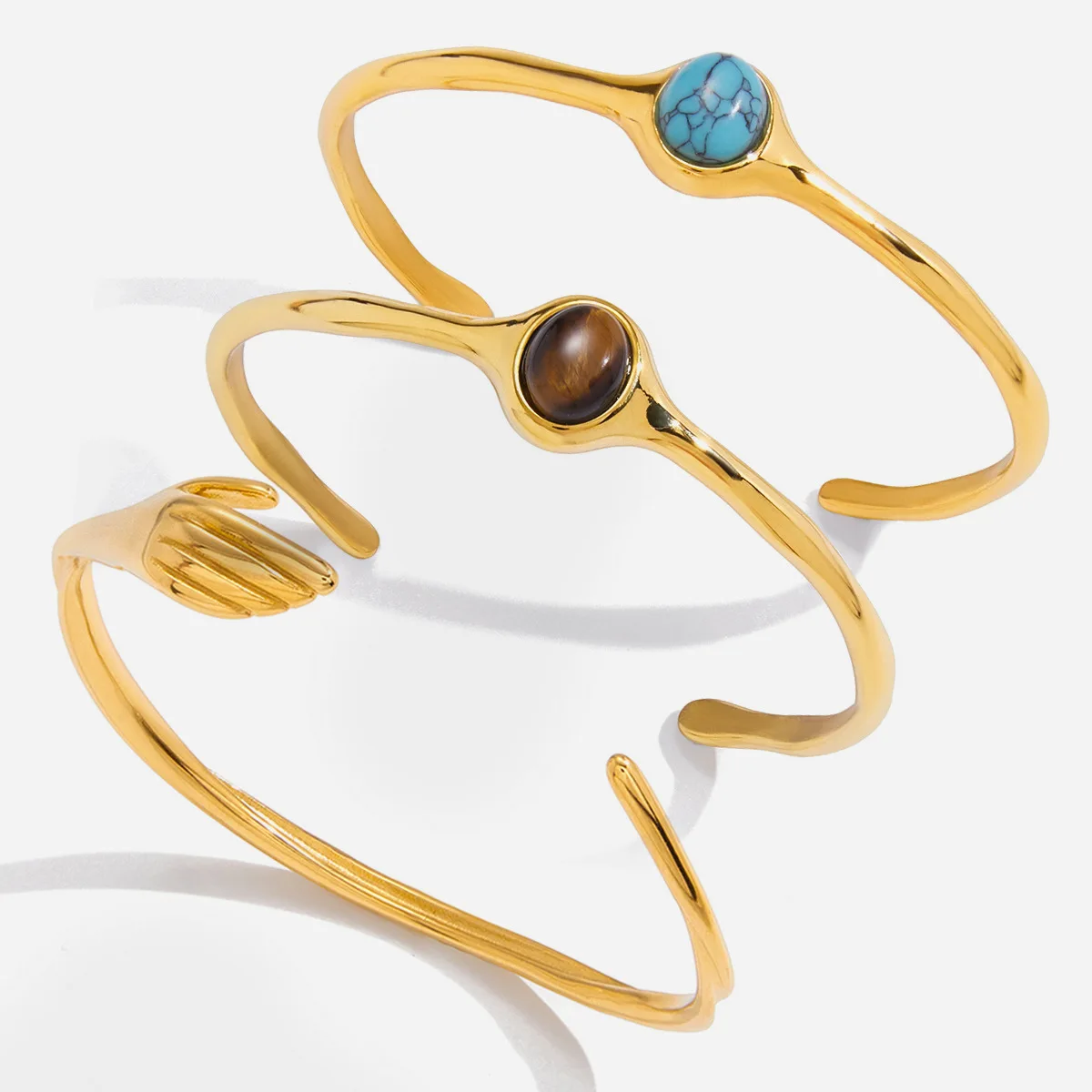 

2/5pc Non-fading Fashion Stainless Steel Natual Stone Open Bangle Chic Uneven Tiger's Eye Turquoise Charm Bracelet Women Jewelry