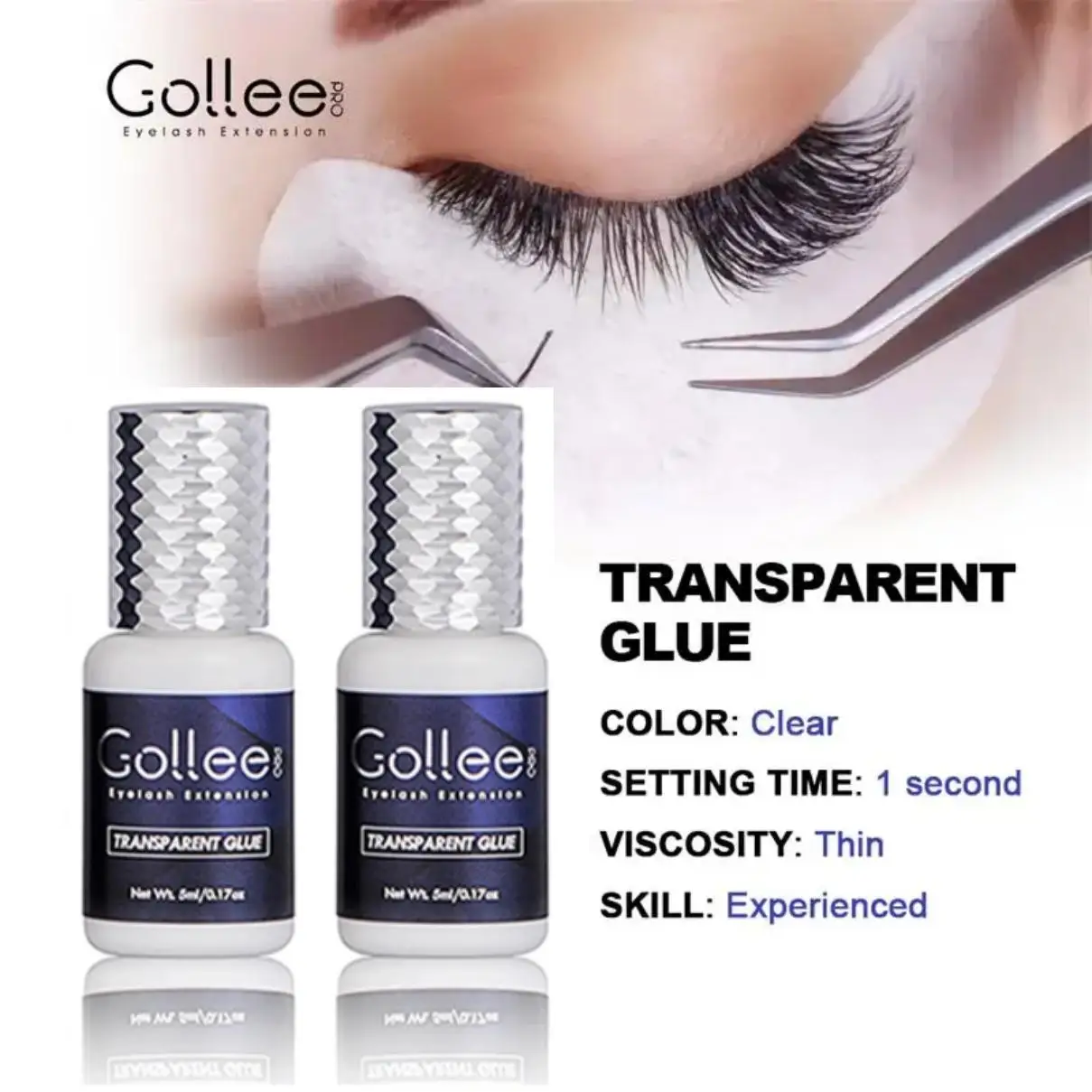 

2pcs Gollee Transparent Eyelash Glue Fast Drying Glue 7 Weeks Lasting 1s Fast Drying Lash Extension Supplies Eyelash extensions