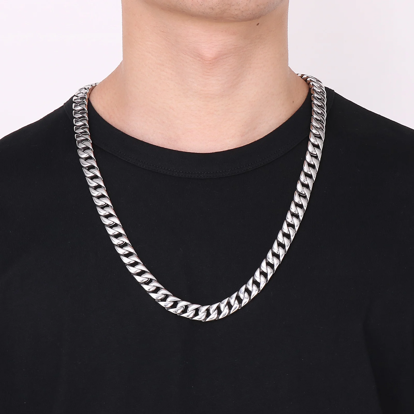 12mm Fashionable Curb Chain Stainless Steel for Men Necklace Choke Chain High Polished Chunky Cuban Boys Neck Chains Male Choker