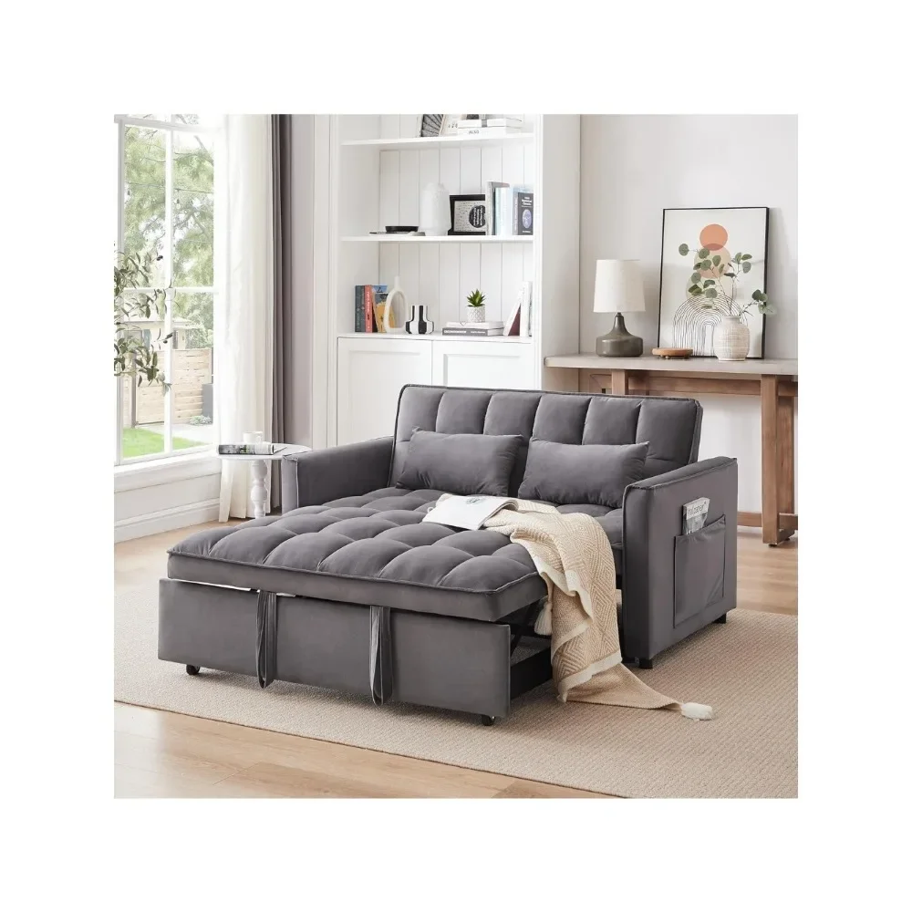 3 in 1 Sleeper Sofa Couch Bed, Velvet Convertible Sofa Bed with Armrests, Storage Pockets & 2 Pillows, Modern Sofa Bed Couch for