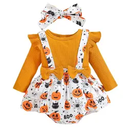 Spring and Autumn Girls' New Pumpkin Love Cartoon Printed Dress Long Sleeve Skirt Halloween Christmas Cosplay Climbing Dress