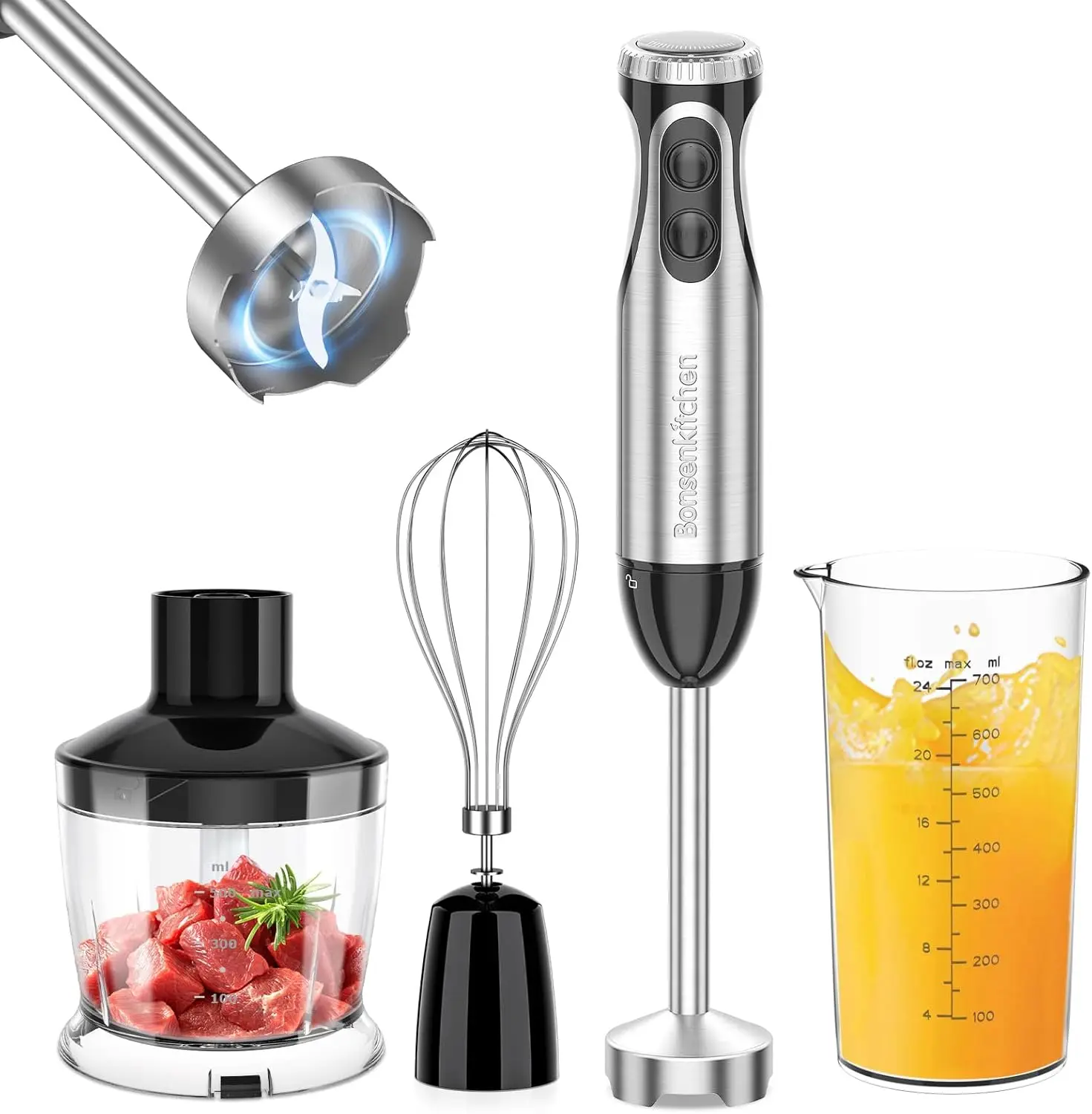 

4-in-1 Immersion Blender, 20 Speeds with Turbo Mode, Stainless Steel Blade, Whisk, Beaker & Chopper Bowl, for Soup, Smoothie