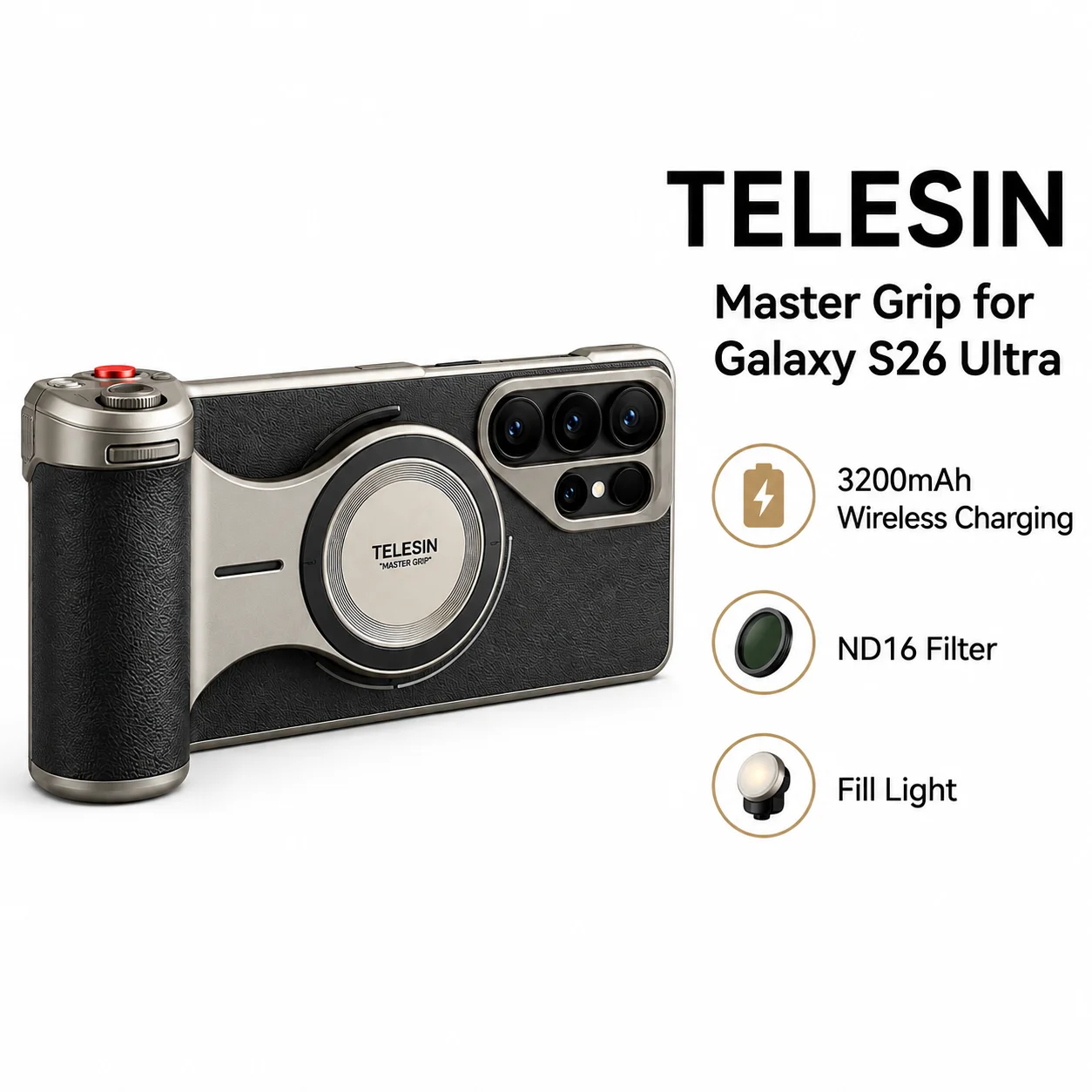 

TELESIN Master Grip Case for Samsung Galaxy S26 Ultra Camera Grip with 3200mAh Wireless Charging ND16 Filter Fill Light