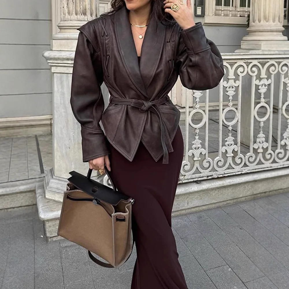 Giacca in Pelle Scamosciata da Donna Ele con Pelliccia Integrata e Cintura, Modello Cross-Border Autunno Inverno, in Pelle PU Spessa, Lunghezza Regolare