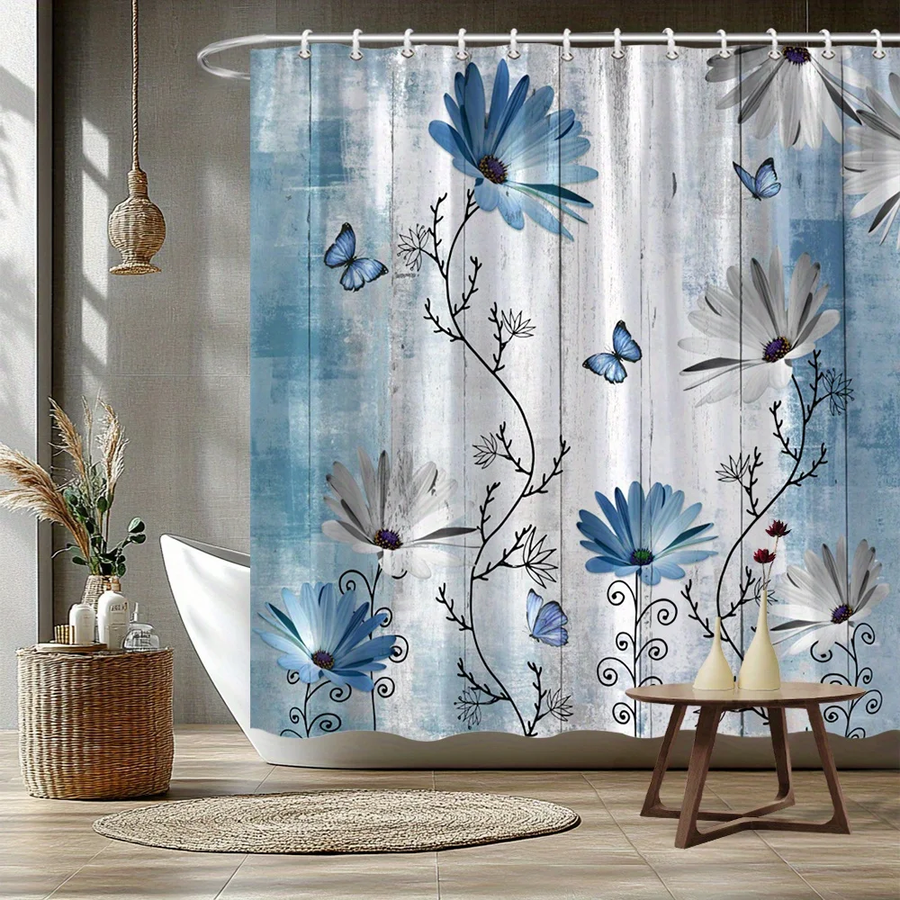 

1pc Light blue and white daisy patterned shower curtain, machine washable, polyester fabric, suitable for bathroom décor.