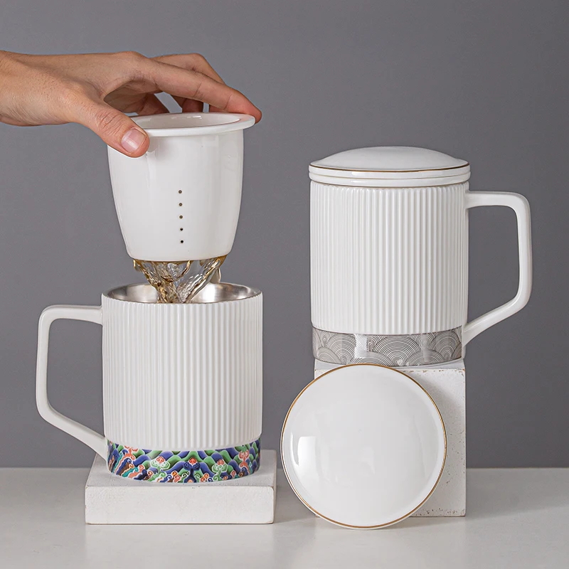 

High-value White Porcelain Filter Tea Water Separation Ceramic Cup Personal Special Office Tea Cup Silver Water Cup