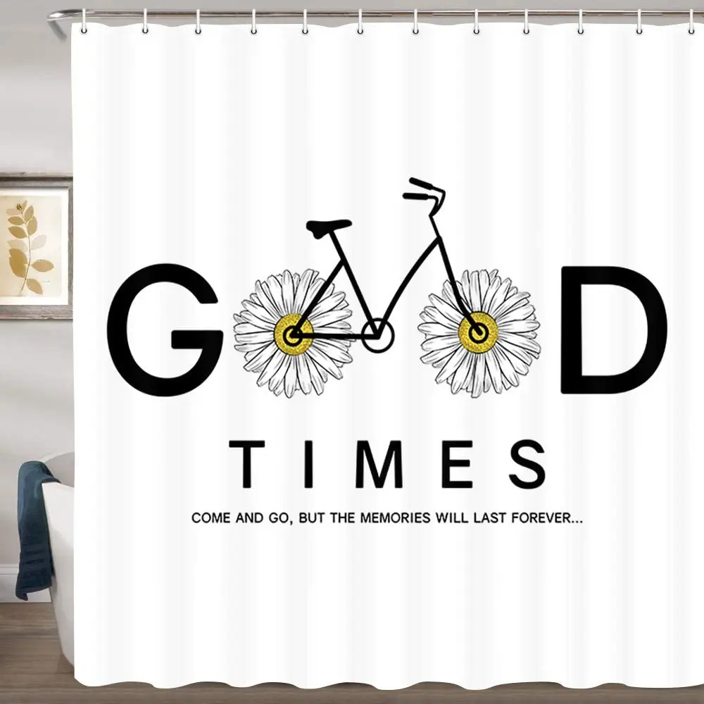 Inspirational Motivational Shower Curtain Daisy Bike Wheels Good Slogan Bathroom Decor Polyester Fabric Bath Curtains and Hooks