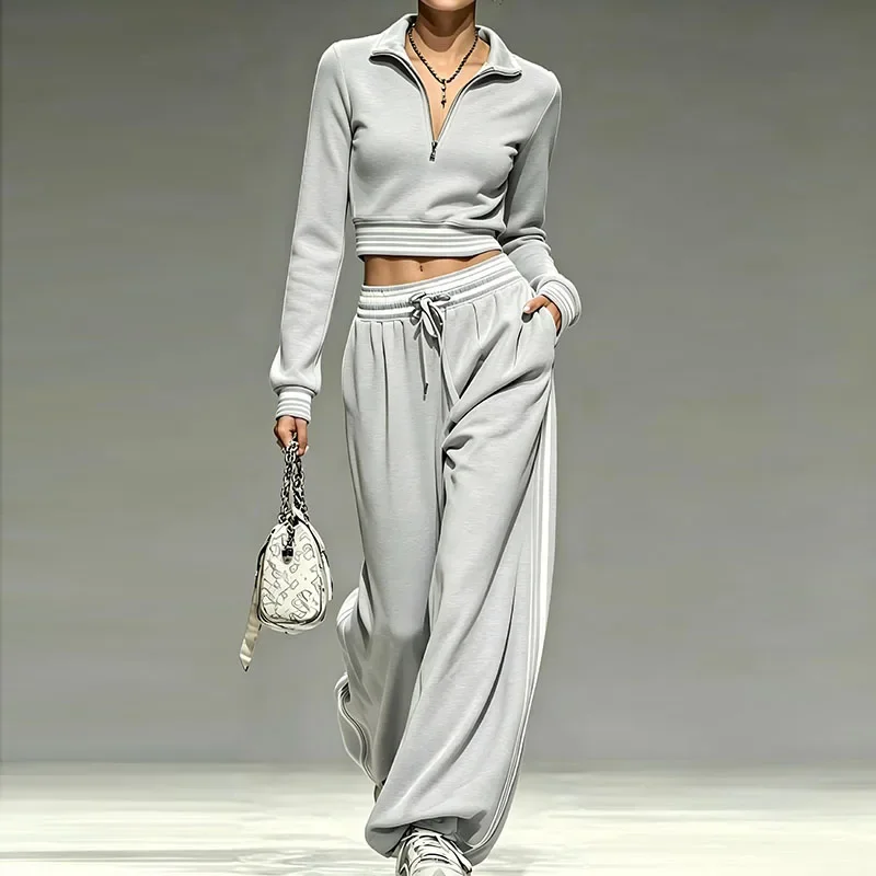 Half Zip Crop Sweatshirt & Wide Leg Jogger Pants Set Long Sleeve Solid 2 Piece Tracksuit Women Autumn Casual Sport Co Ord Outfit