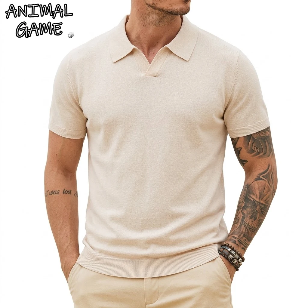 Summer Knitted Shirts for Men Luxury Work Jumper Knitwear Gym Man Short Sleeve V-Neck Sweater Soft Textured Pullover Polo Shirts