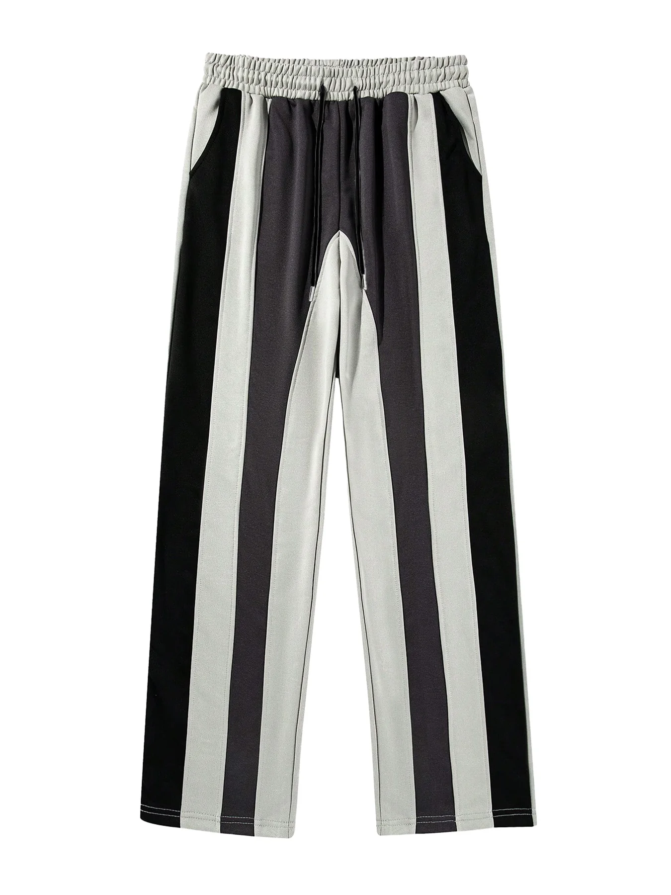 Men's Black Grey Vertical Striped Drawstring Pants Spring Fall Loose Wide Leg Casual Trousers