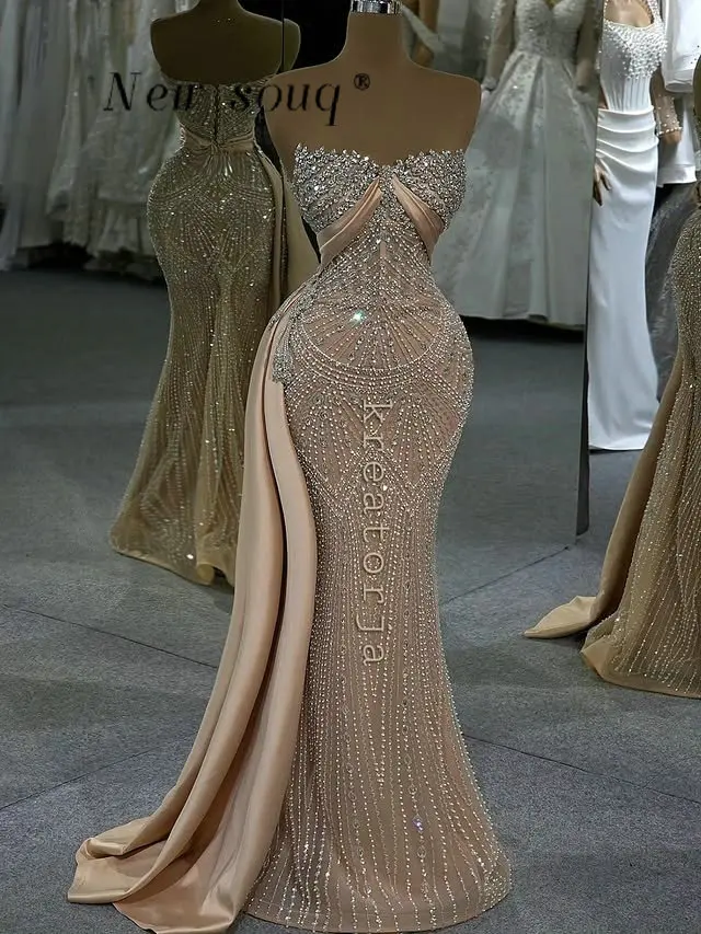 Elegantes Vestidos Largos de Fiesta Color Champán 2026 con Cristales, Vestidos Formales de Sirena para Invitadas de Boda, Trajes de Noche Personalizados