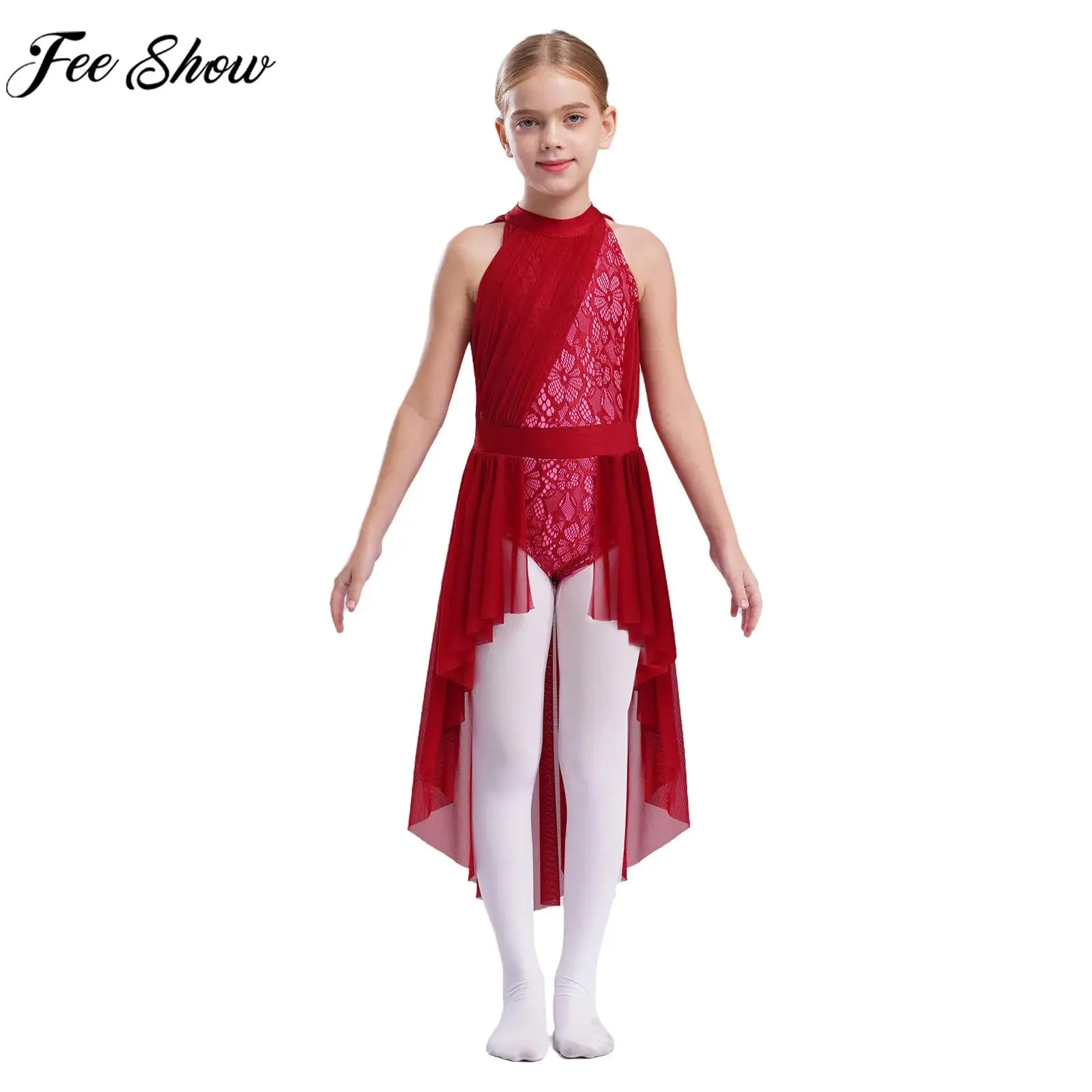 6-16Y الفتيات الحديثة ملابس رقص غنائية أكمام الدانتيل شبكة يوتار فستان الشكل التزلج الجمباز البهلوانية الباليه ارتداءها #1
