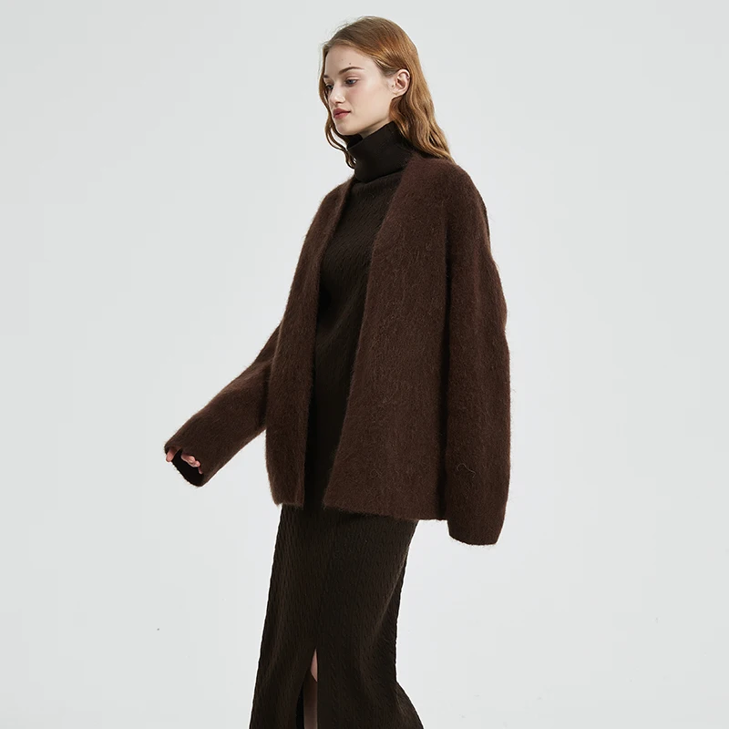 BAHTLEE-cardigan feminino de mohair suéter de malha com decote em V sólido casaco de mangas compridas manter aquecido