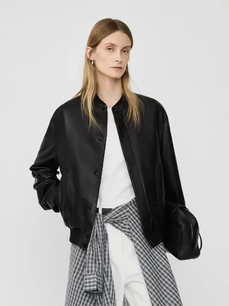 New Women Designer Sheepskin Genuine Leather Spliced Jacket Slim Fit Single Breasted O Neck Fashion Ladies Streetwear Short Coat