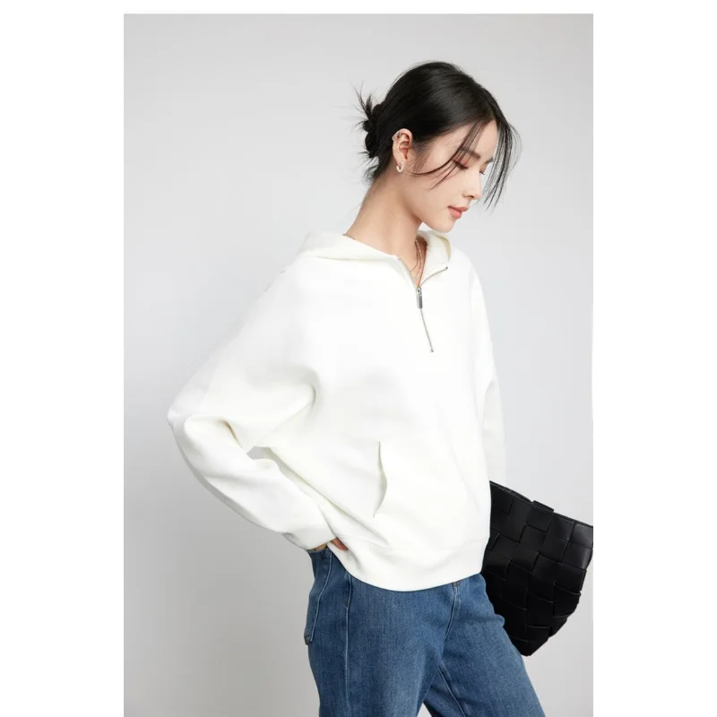 레트로 하프 집업 긴팔 스웨트셔츠 여성용 신상 패치워크 포켓 심플 후드 루즈 탑