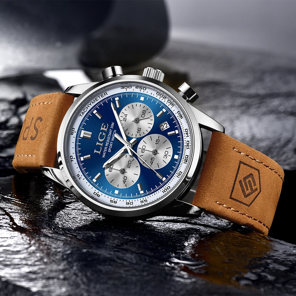 LIGE Luxury Man Watch High Quality Waterproof Chronograph Luminous Men\'s Wristwatch Leather Men Quartz Watches Casual Clock
