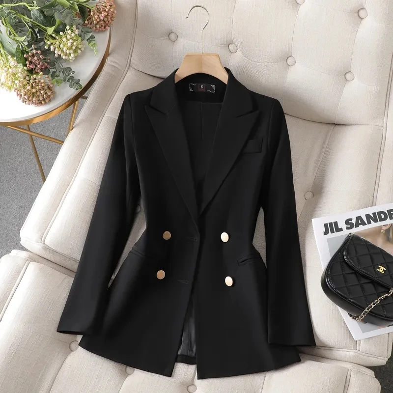 Women Casual Blazer Double Breasted Suit Jacket Korean Version Pure Color Loose Fashion Suit Jacket Simple Office Ladies Tops