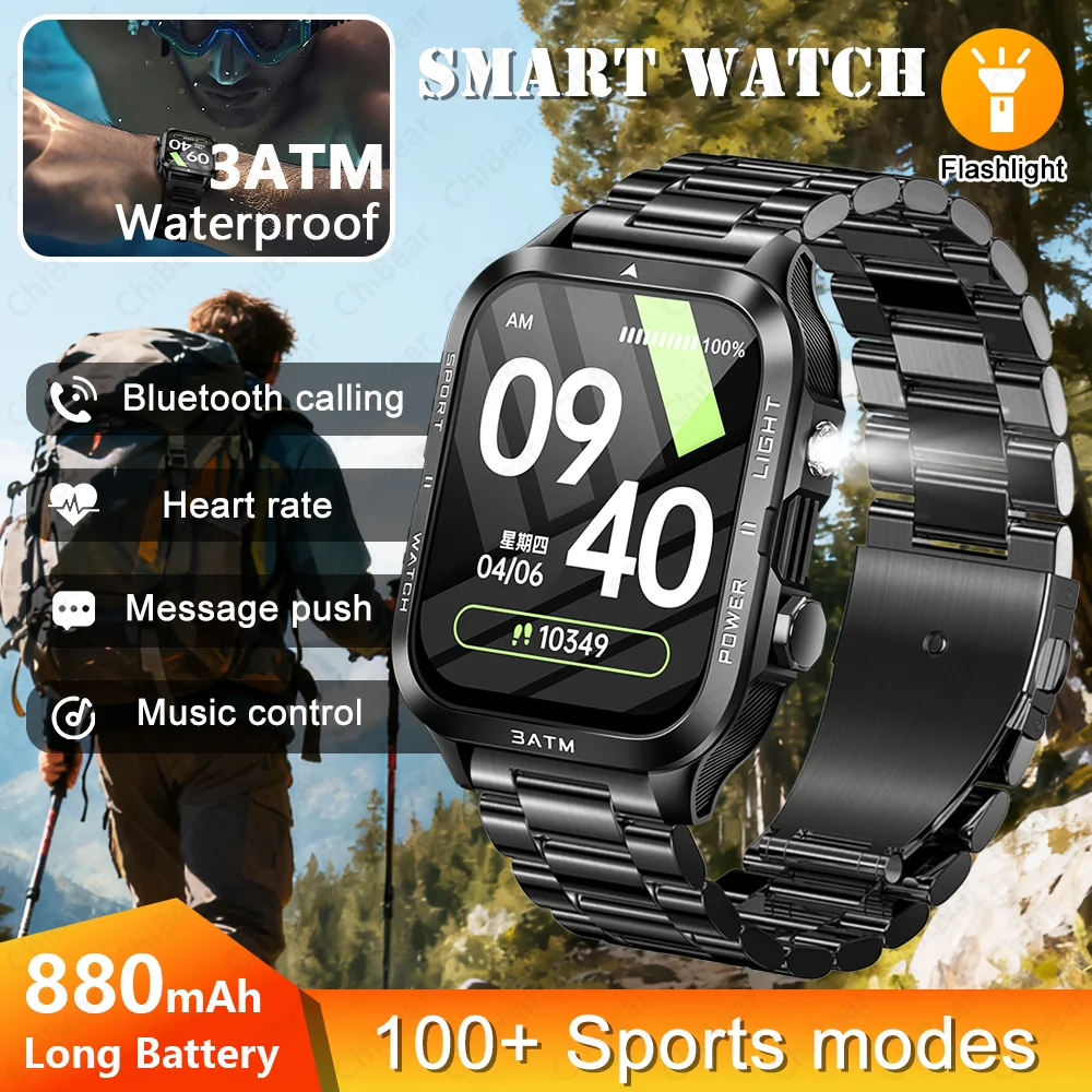 

2025 Ourdoor Men's Smartwatch 880mAh Long Battery 100+ Sport mode Heart Rate Flashlight Compass Bluetooth Call For Android IOS