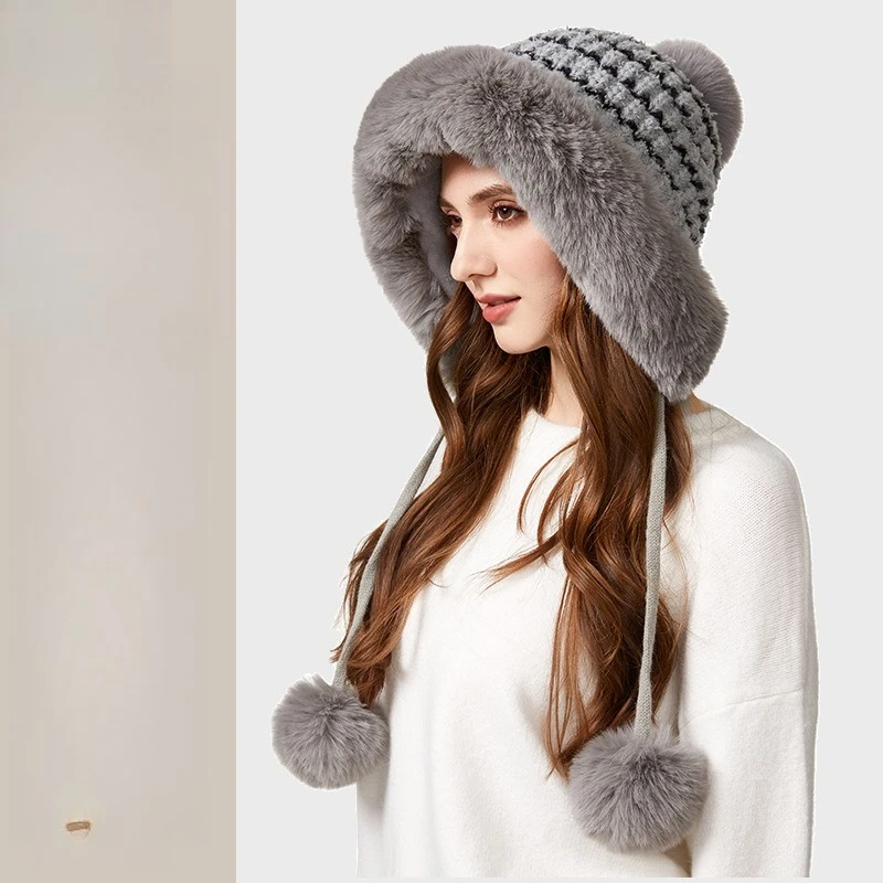 Popular Knitted Hat European and American Winter New Large Fur Collar Thickened Wool Hat Women's Three Hair Ball Thermal Hat