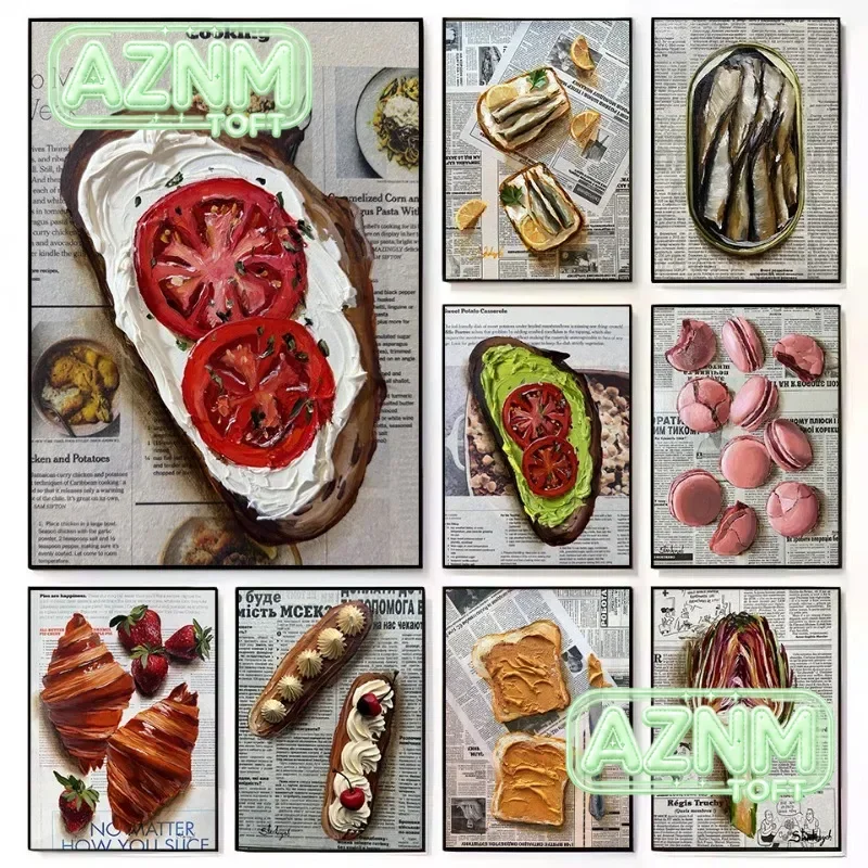 Retro Newspaper Breakfast Kitchen Food Cheese Toast Croissant Aesthetic Poster Canvas Painting Wall Pictures Home Decor