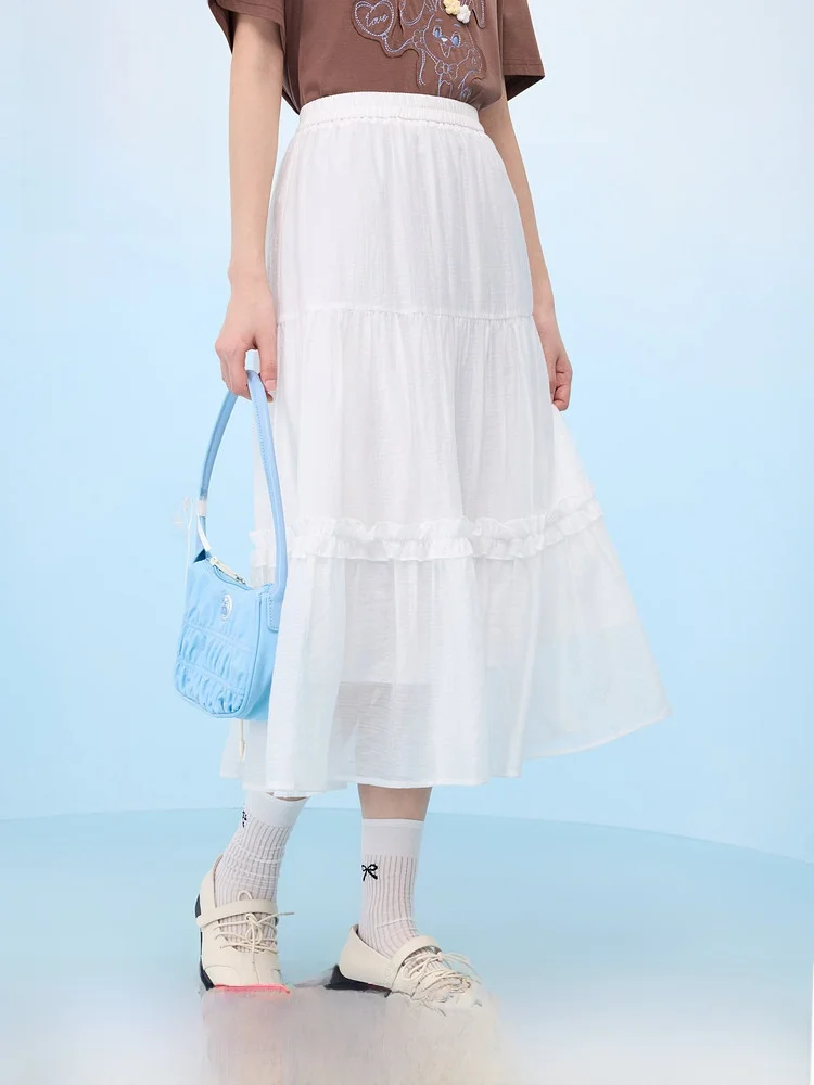 

Summer New White A-Line Midi Skirt with Lace Trim Elastic Waist Tulle Fairy Skirt Women's Faion f-length Skirts